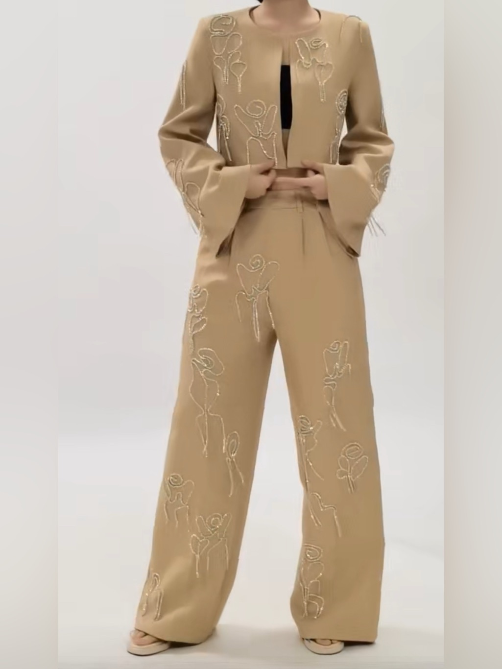 New $480 Crystal Rose Drip Embroidered Beige Wide-Leg Pant Set Women